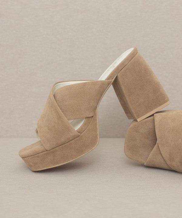 Oasis Society platform mule sandals in tan with a chunky heel and stylish cross-strap design