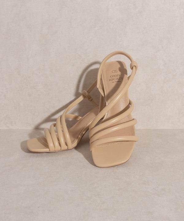 Beige Oasis Society stylish vacation sandals with strappy design and square heels