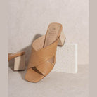 Oasis Society Women's Summer Vacation Sandals in tan with a stylish cross-strap design and chunky heel