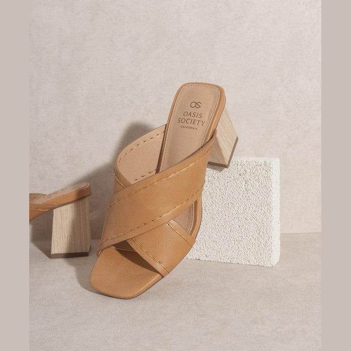 Oasis Society Women's Summer Vacation Sandals in tan with a stylish cross-strap design and chunky heel