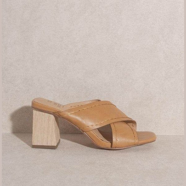 Oasis Society women's summer vacation sandals with a low block heel and cross-strap design