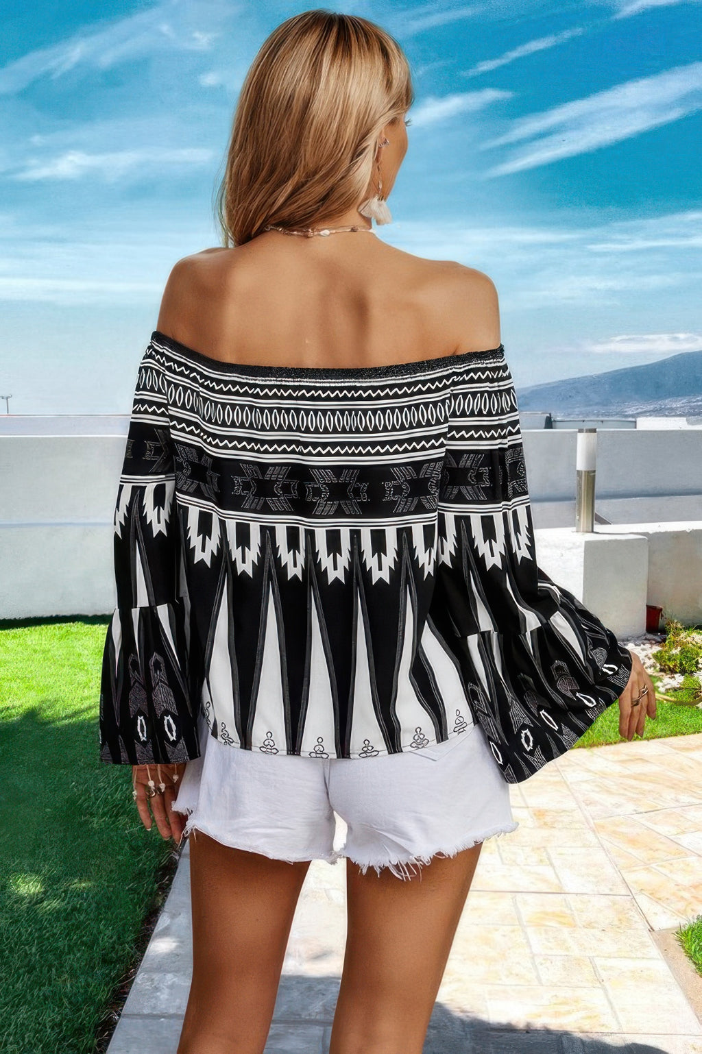VacationGrabs off shoulder graphic print top with bell sleeves and boho design, perfect for casual outings