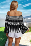 VacationGrabs off shoulder graphic print top with bell sleeves and boho design, perfect for casual outings