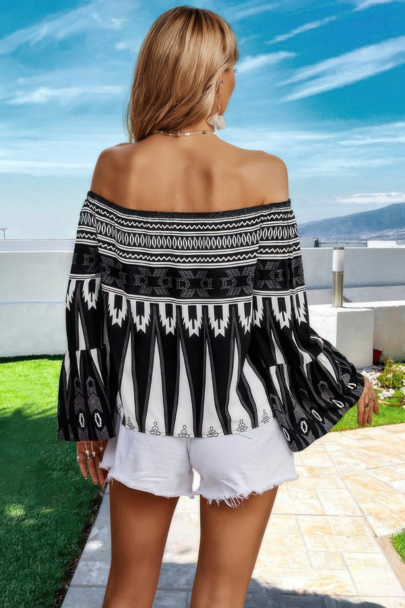 VacationGrabs off shoulder graphic print top with bell sleeves and boho design, perfect for casual outings