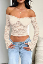 Women's off shoulder lace top from VacationGrabs in nude with long bell sleeves