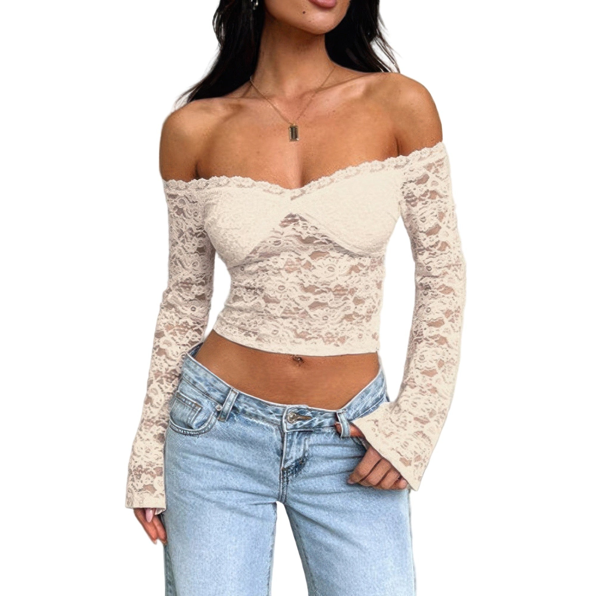 Women's off shoulder lace top in beige, featuring long sleeves and a stylish design for a chic look