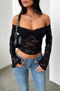 VacationGrabs off shoulder lace top in black with long sleeves and bell cuffs, perfect for stylish outings