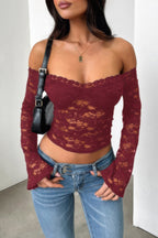 Stylish women's off shoulder lace top in burgundy with bell sleeves for a chic look