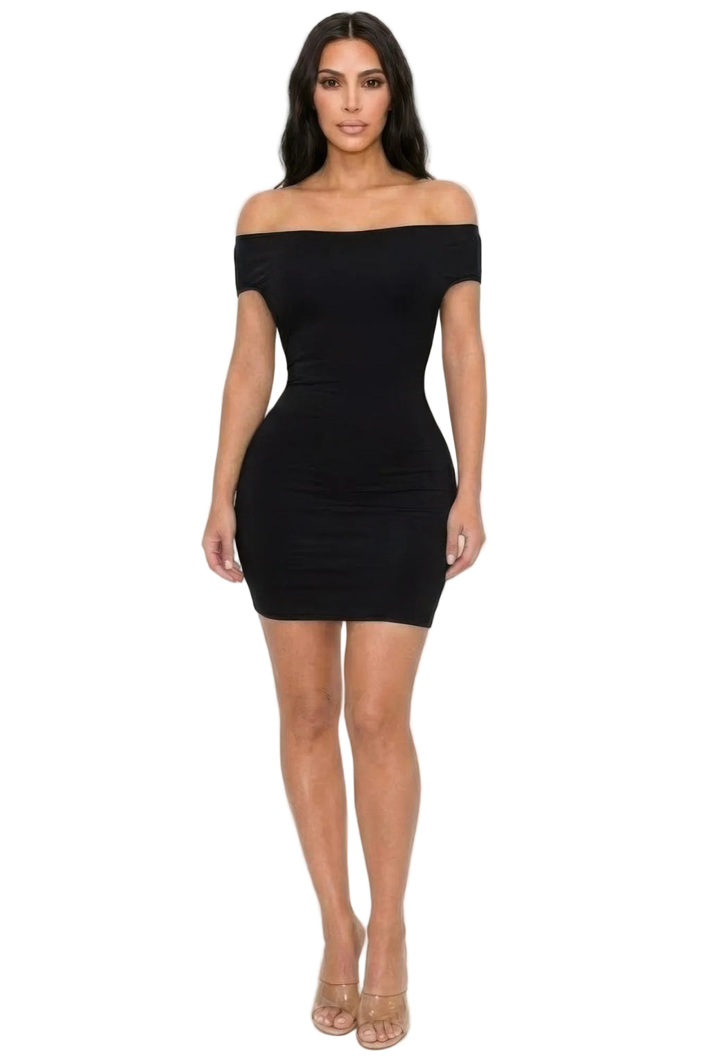 Women's black off shoulder mini dress, perfect for clubwear or night outings