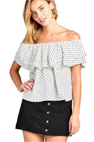 Ivory Felix women's off shoulder polka dot top with ruffle detailing styled with a black skirt