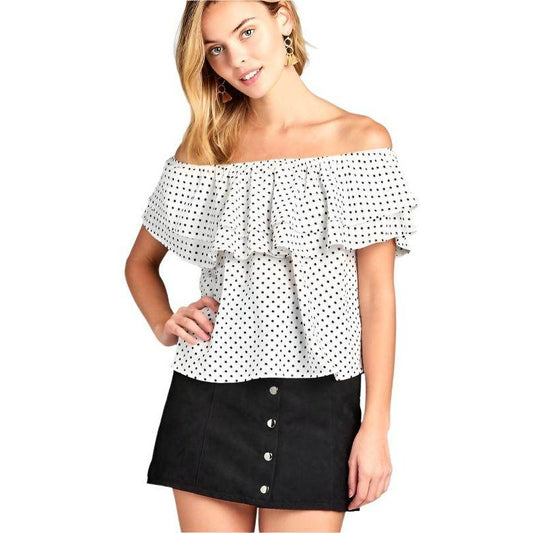 Ivory Felix women's off shoulder polka dot top with ruffle detailing styled with a black skirt