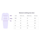 Ivory Felix off shoulder polka dot top showcasing a women's clothing size chart with bust, waist, and hip measurements