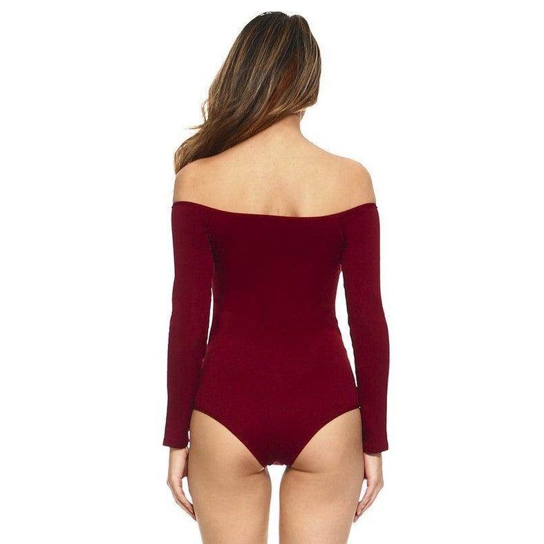 Burgundy Yelete off the shoulder bodysuit with long sleeves and a form-fitting design