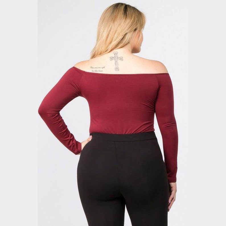 Yelete women's off the shoulder bodysuit in burgundy with long sleeves and fitted design