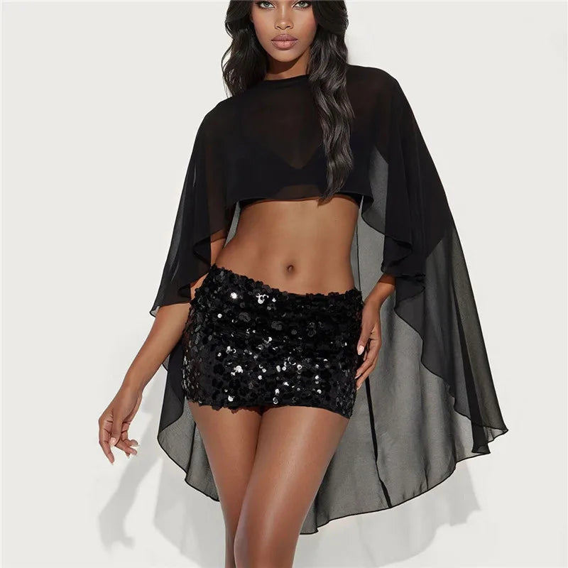 Women's off the shoulder cropped blouse in black sheer fabric for summer outings