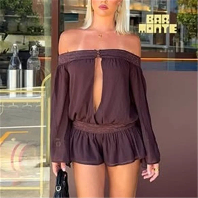 Brown off the shoulder romper, lightweight fabric, perfect for summer outings