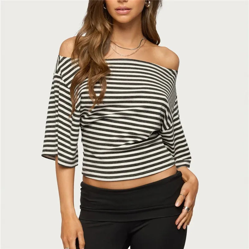 Women's striped off the shoulder top, lightweight for casual outings