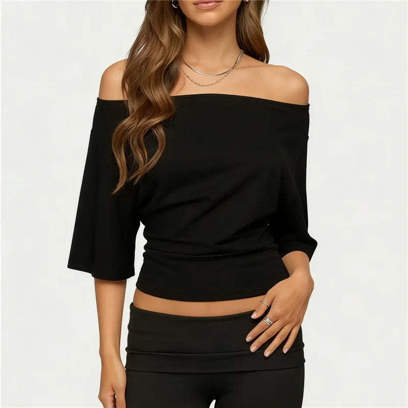 Black off the shoulder top made of soft material for casual outings