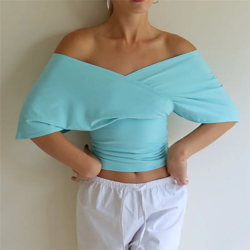 Women's off the shoulder top in light blue, perfect for summer outings