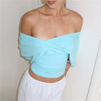 Women's off the shoulder top in light blue, perfect for summer outings