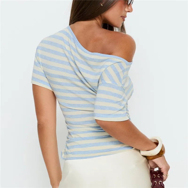 Women's off the shoulder top in blue and yellow stripes, casual wear