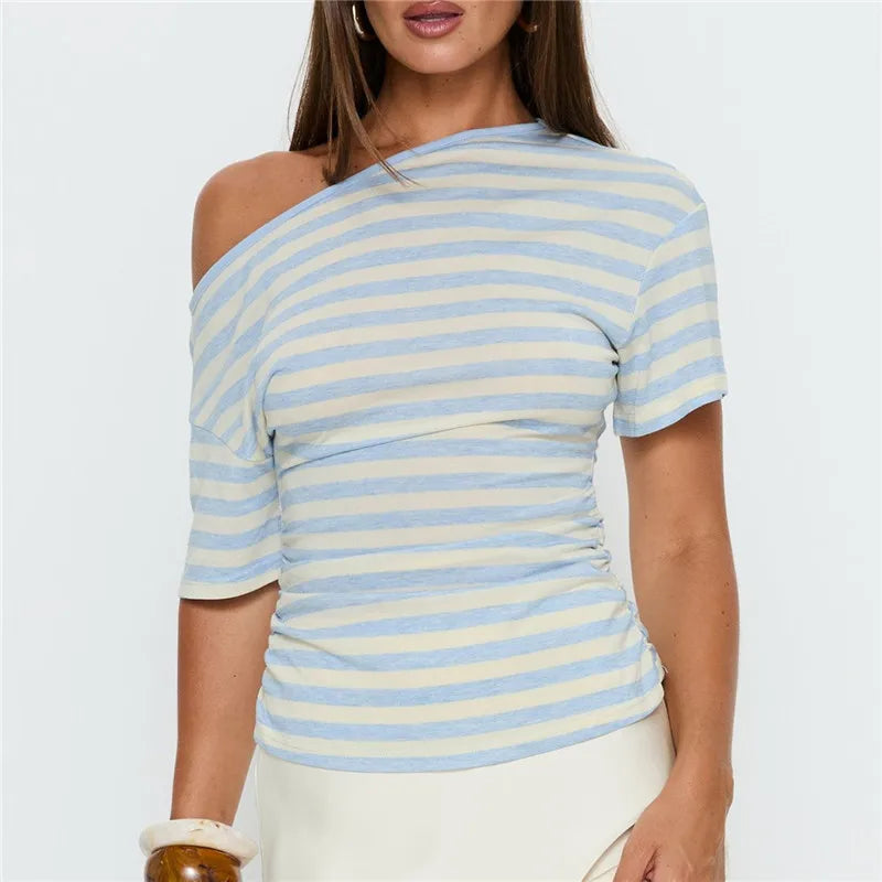 Women's blue striped off the shoulder top, perfect for casual outings
