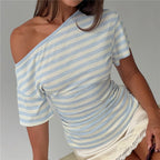 Women's off the shoulder top in blue and white stripes, casual wear