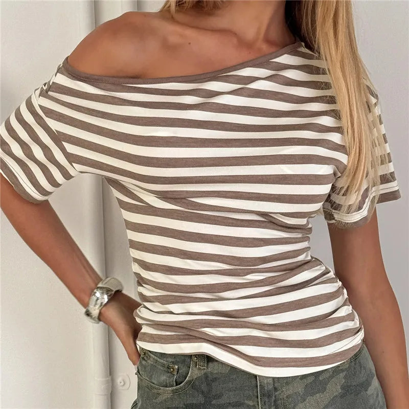 Women's striped off the shoulder top in beige and white for casual wear