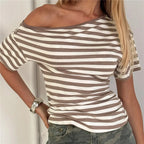 Women's striped off the shoulder top in beige and white for casual wear