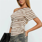 Women's striped off the shoulder top in brown and cream, casual wear