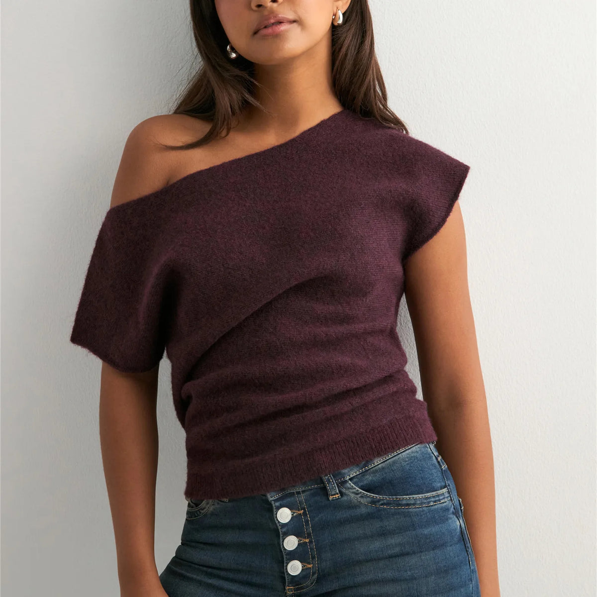 Women's burgundy off the shoulder top, soft knit for casual wear
