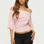 Pink striped off the shoulder top for casual summer outings