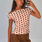 Women's pink off the shoulder top with brown polka dots for casual outings