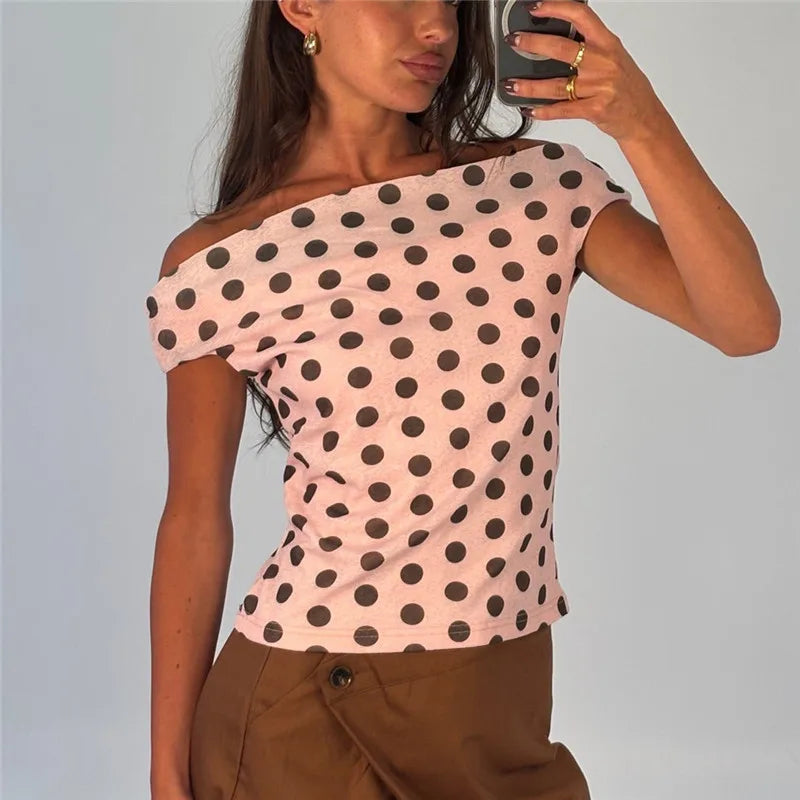 Women's pink off the shoulder top with brown polka dots for casual outings