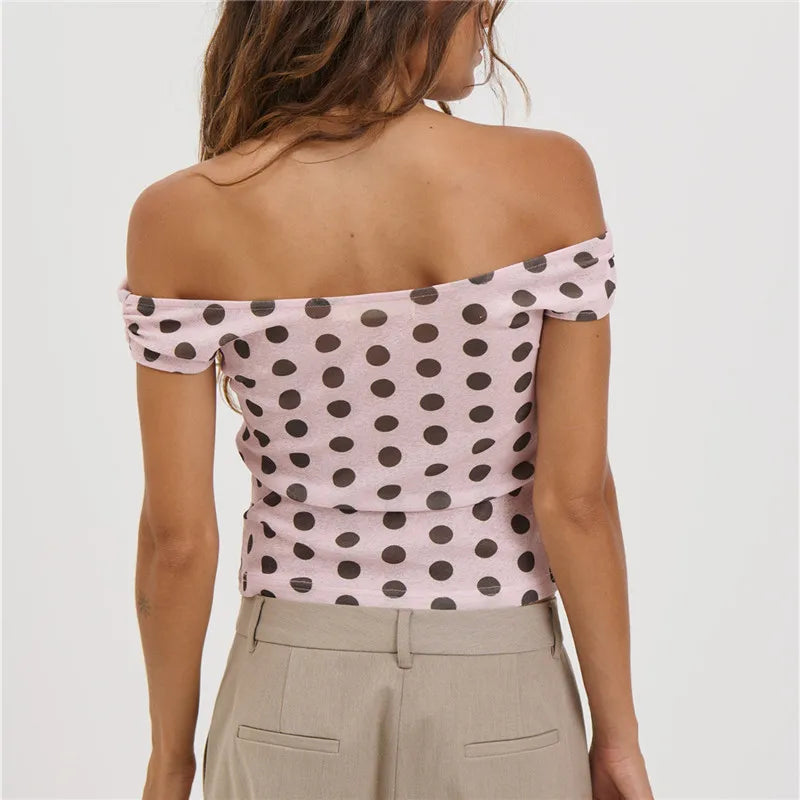 Women's pink polka dot off the shoulder top, perfect for casual outings