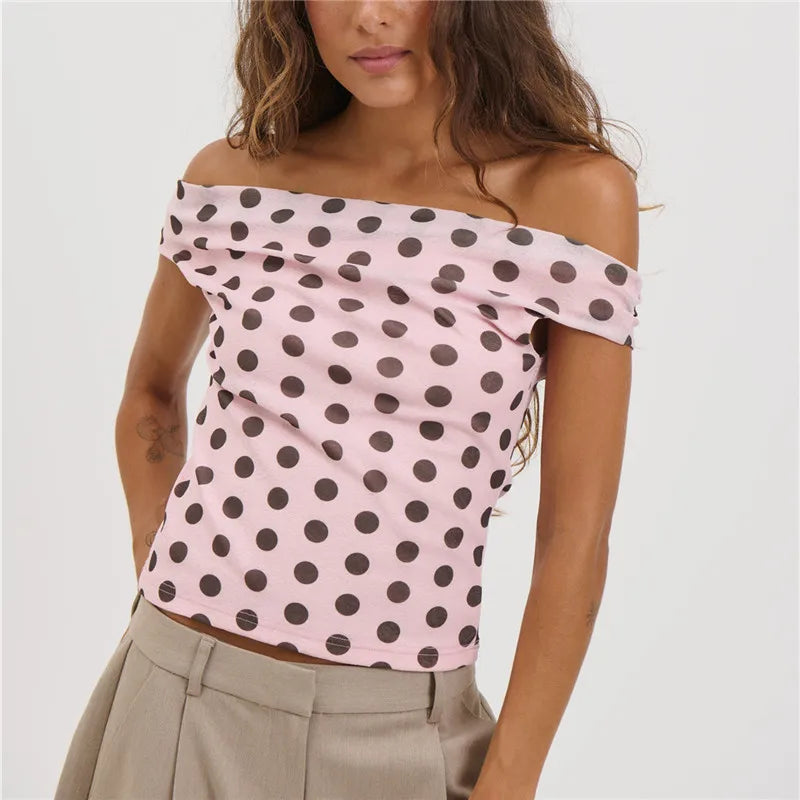 Women's pink polka dot off the shoulder top for casual outings