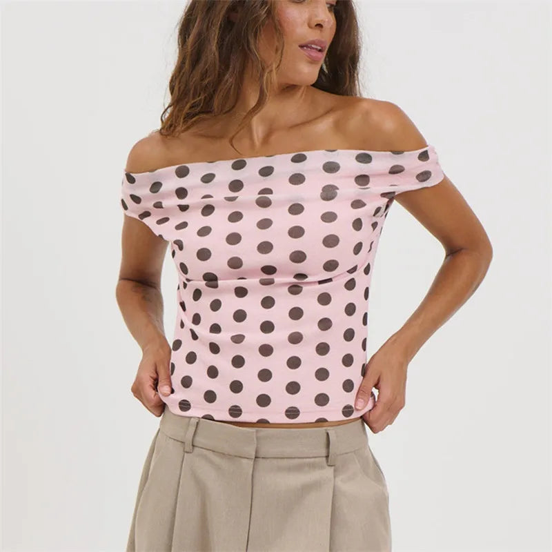 Women's pink polka dot off the shoulder top for summer outings