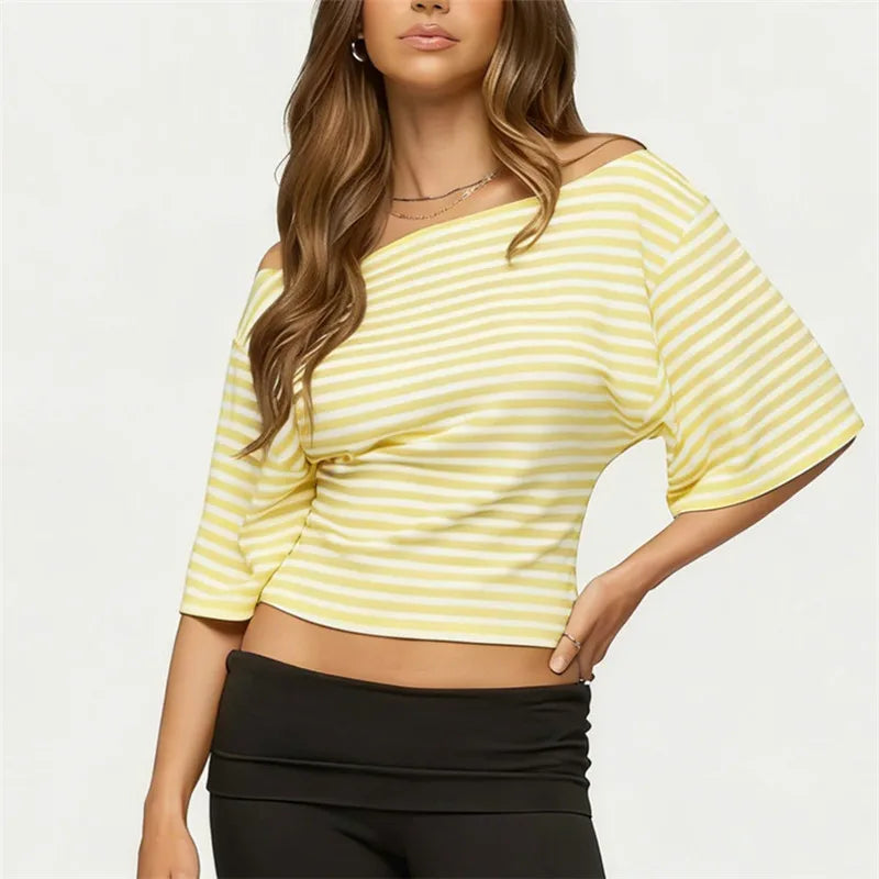 Yellow and white striped off the shoulder top for casual outings