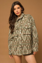 Women's Shirts - Shackets Olive Green 3D Pocket Aztec Print Shacket