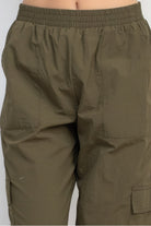 VacationGrabs women's high-rise cargo parachute pants in olive with elastic waistband and large pockets