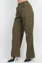 VacationGrabs women's high-rise cargo parachute pants in olive green with side pockets and elastic waistband
