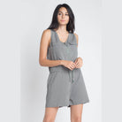 Ivory Felix olive sleeveless romper with zip front and adjustable drawstring waist for a stylish look