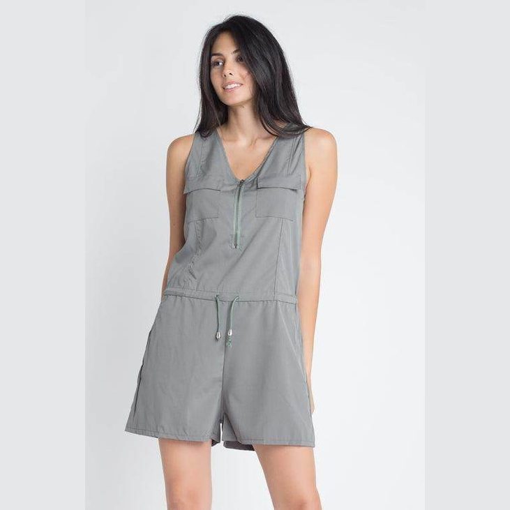 Olive sleeveless romper by Ivory Felix with a zip front and adjustable drawstring waist