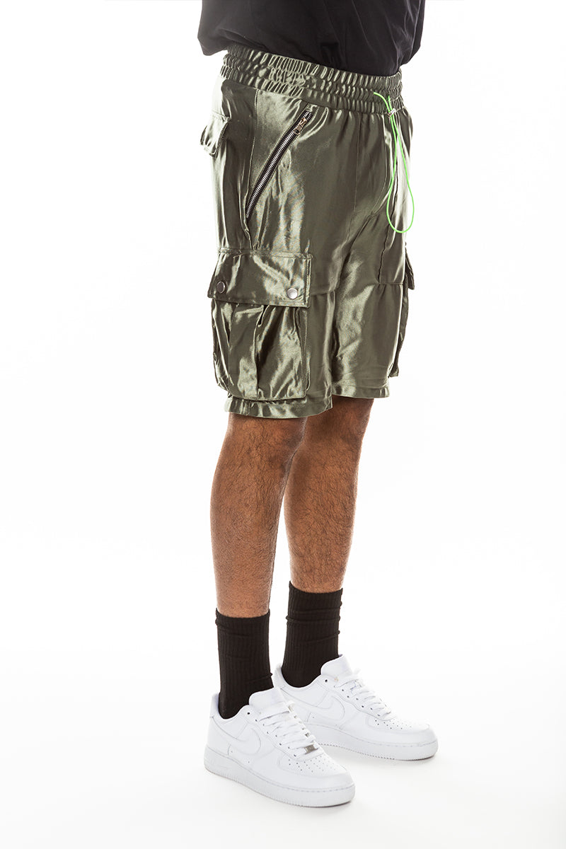 Men's Satin Cargo Shorts with Snap Pockets & Drawstring