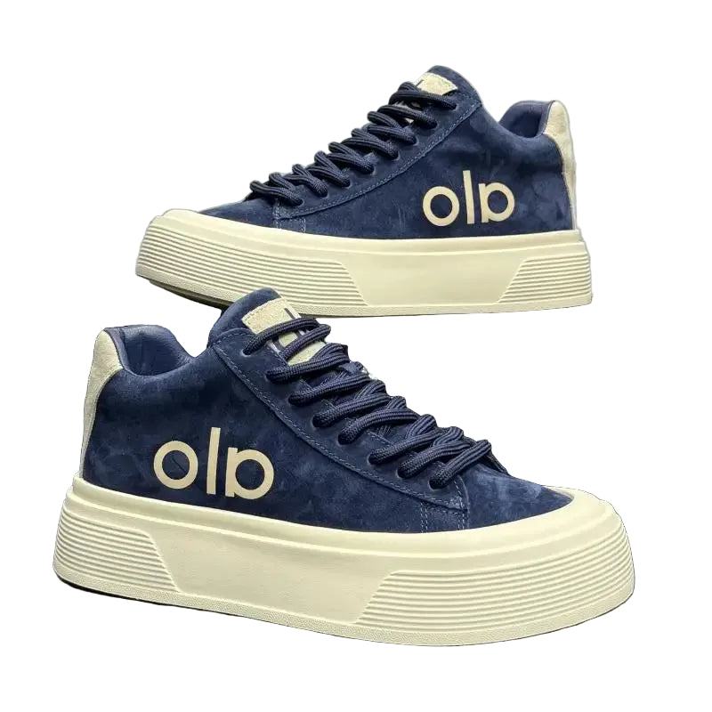 Navy blue platform sneakers with suede material for casual wear