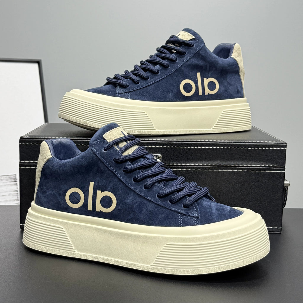 Navy platform sneakers with a suede finish for stylish comfort