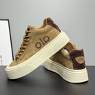 tan sneakers with a platform, suede material for casual wear