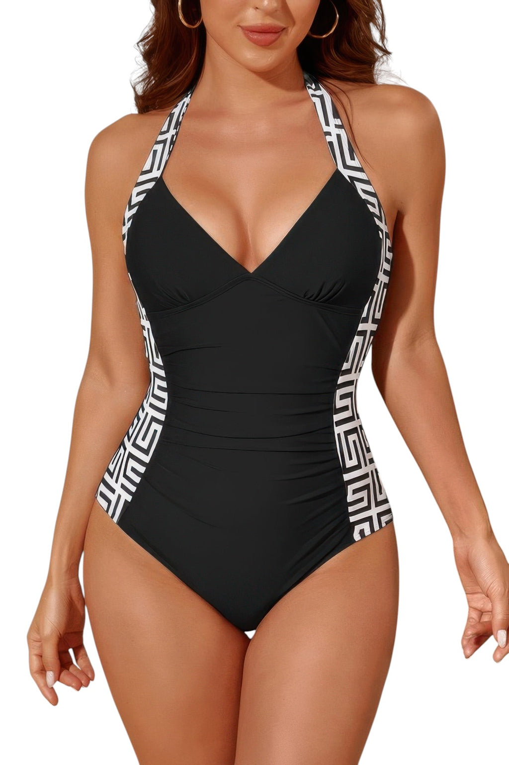 Women's black one piece halter top swimsuit for beach vacations