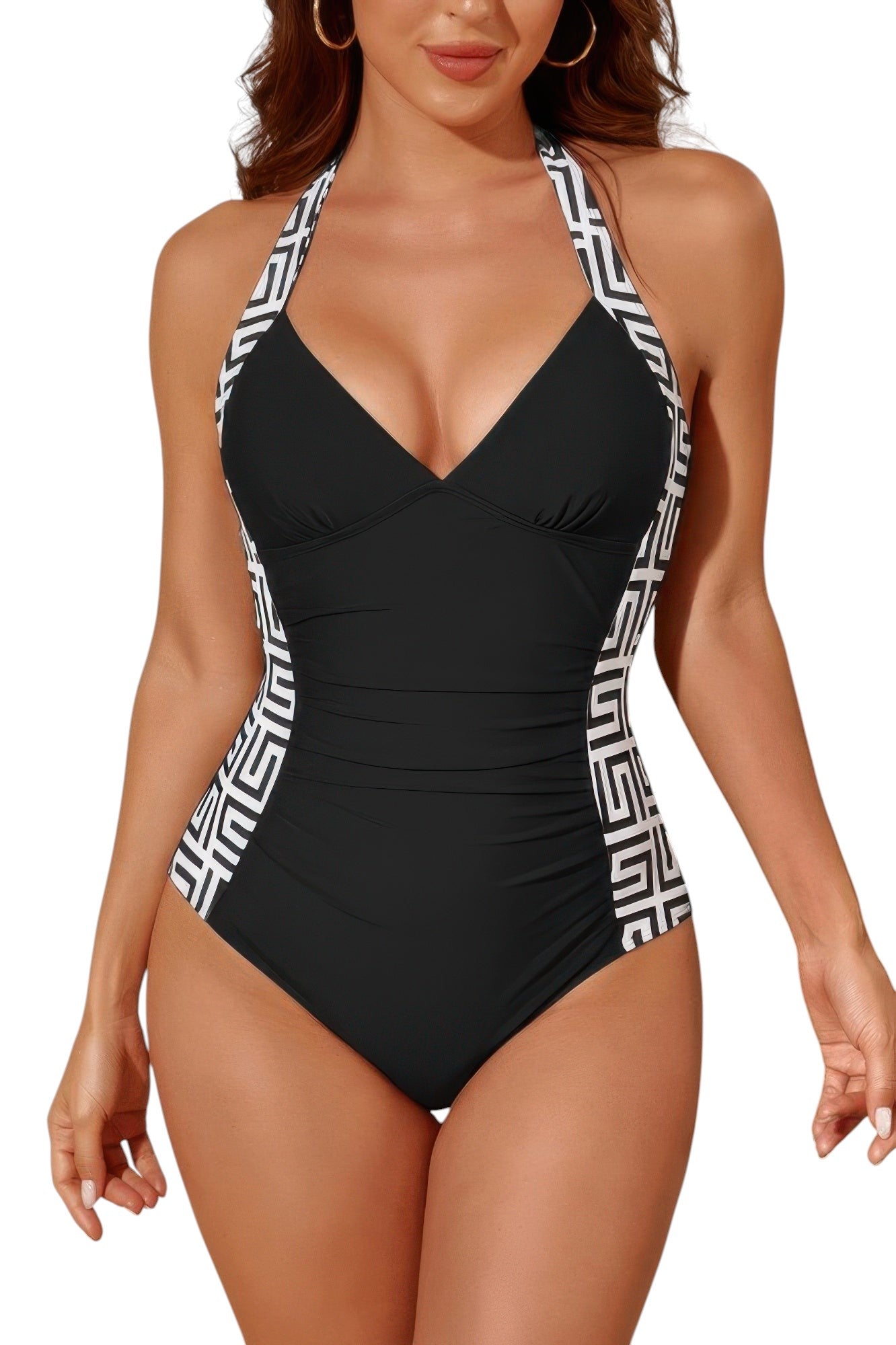 Women's black one piece halter top swimsuit for beach vacations