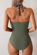 Women's olive one piece halter top swimsuit, perfect for beach days
